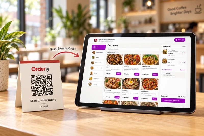 Table QR menu card beside the Kanto Coffee ordering menu on a tablet
